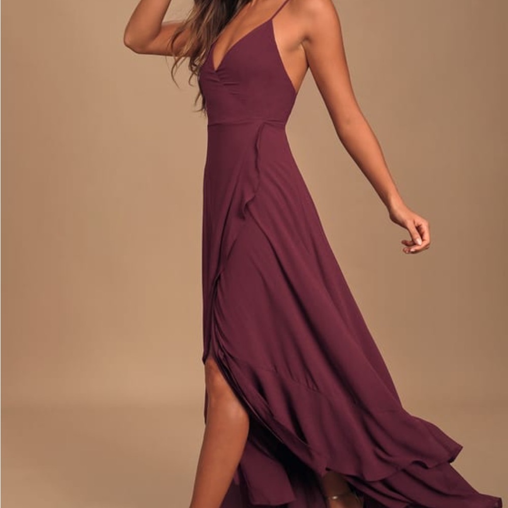 Lulu’s “Plum”/burgundy lace up maxi dress with slit